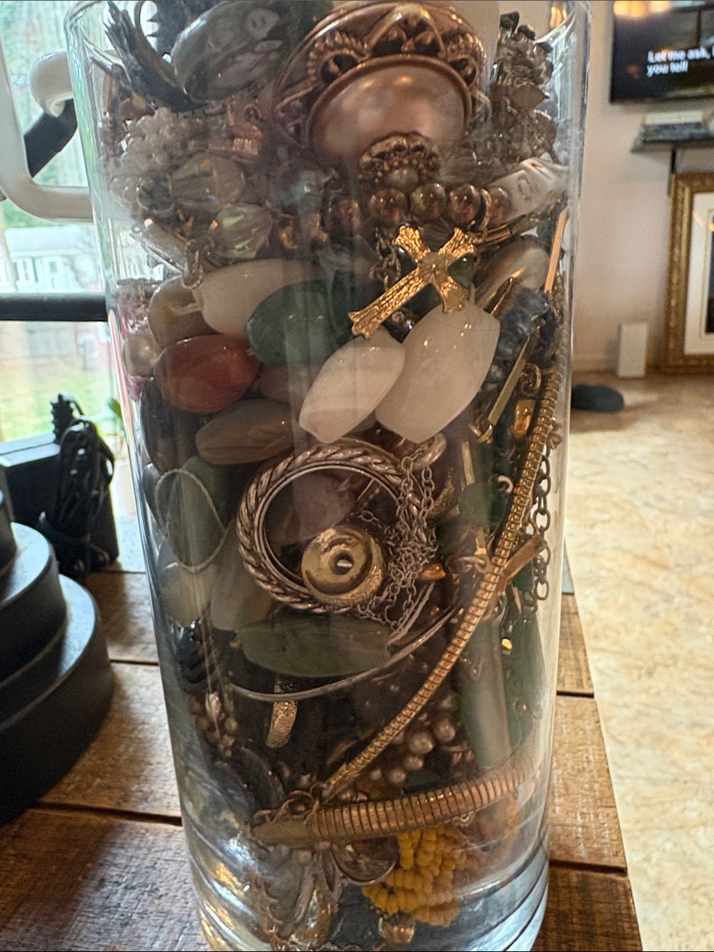 Glass Vase Filled with Mixed Jewelry Accents Some Broken Some Wearable